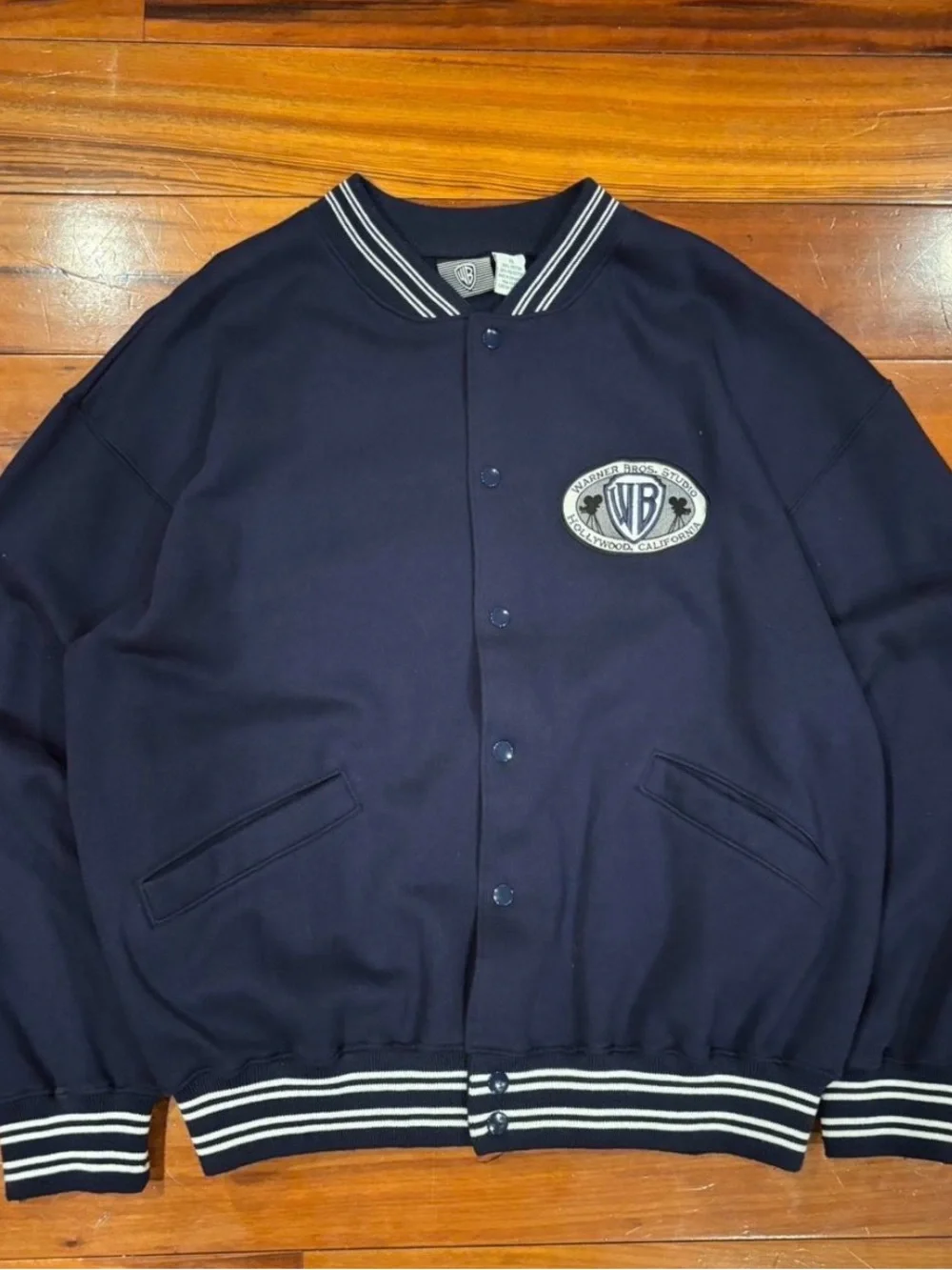 Warner Bros. Navy Blue Varsity Bomber Jacket with Stripe Trim